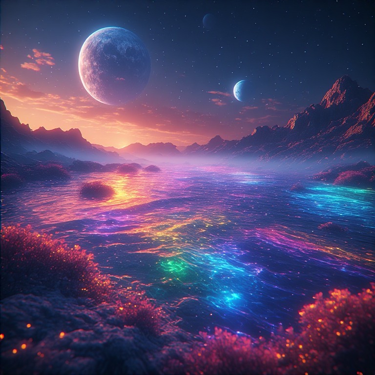 Vista artística de Gliese 581g con océanos arcoíris y montañas musicales