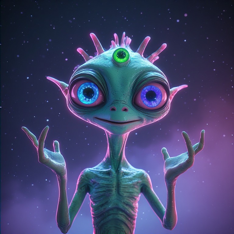 Zorblat, un alienígena amable con tres ojos y antenas brillantes